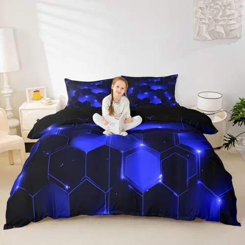 Vista 15 de Juego de ropa de cama geométrica de panal verde y azul, funda de edredón hexagonal estereoscópica para niños y niñas, funda de edredón hexagonal