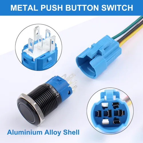 Vista 3 de 2 piezas de interruptor de botón de cierre antivandálico de metal impermeable de 0.630 in, carcasa negra autobloqueante con enchufe precableado