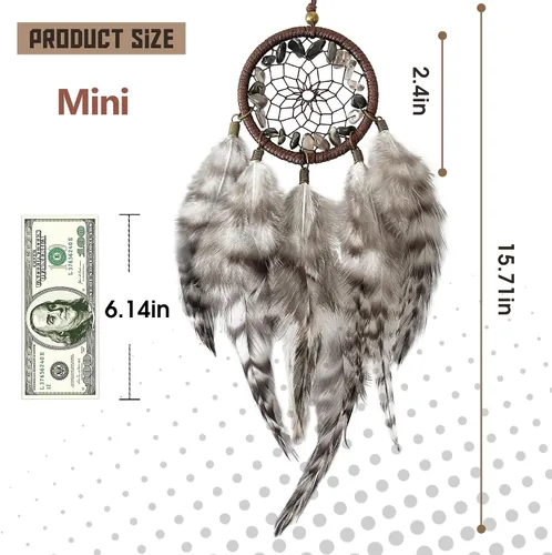 Vista 6 de Mini atrapasueños – Pluma de pollo con ágata gris, pequeño atrapasueños hecho a mano para dormitorio, un atrapasueños para niñas y niños, decoración