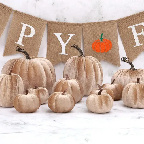 Vista 4 de Gresorth 8 calabazas artificiales de terciopelo champán hechas a mano de varios tamaños, decoración de Halloween para el hogar, cocina, granja