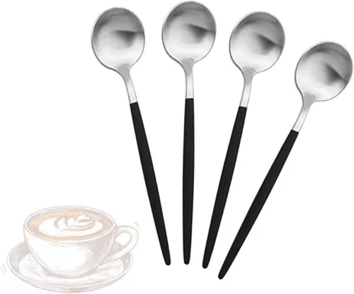 Vista 4 de JASHII Juego de 4 cucharas de café para café, de acero inoxidable 18/10, para té, postre, aperitivo, 4.9 pulgadas, mango redondo, color negro mate