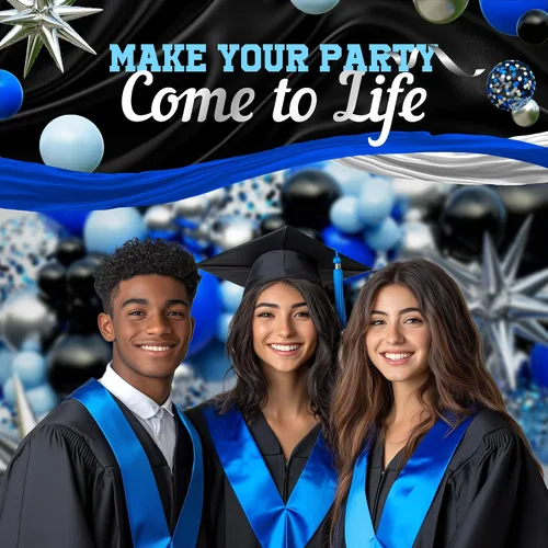 Vista 7 de Kit de arco de globos todo en uno azul y negro con estrella fugaz de bonificación – Globos plateados negros azules pequeños y grandes – Decoraciones