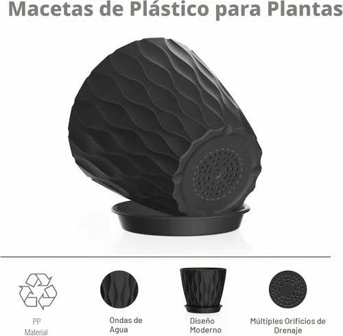 Vista 3 de Meowell Macetas pequeñas de plástico de 4 pulgadas, macetas de plántulas, juego de 5 macetas de ondas de agua para plantas de interior, macetas