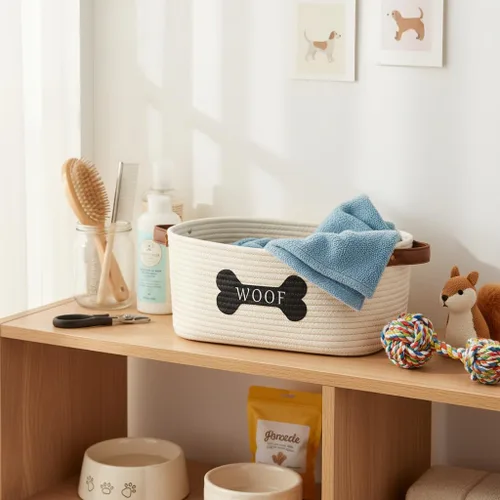 Vista 6 de Morezi Cesta de juguetes para perros de cuerda de algodón con asa, contenedor grande para perros, cama para cachorros, canasta de juguetes
