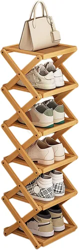 Vista 9 de YYW Zapatero plano de bambú para entrada, sin instalación y plegable, pequeño zapatero vertical, ahorra espacio, zapatero estrecho para armario