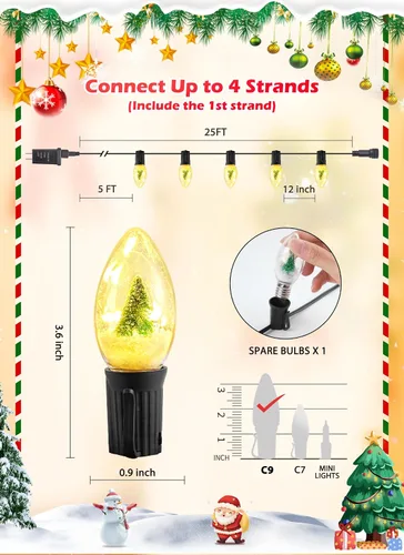 Vista 5 de Luces LED de Navidad C9 para exteriores, cadena de luces C9 de 25 pies con 20 bombillas LED inastillables, 3 modos de luz, luces de árbol de Navidad