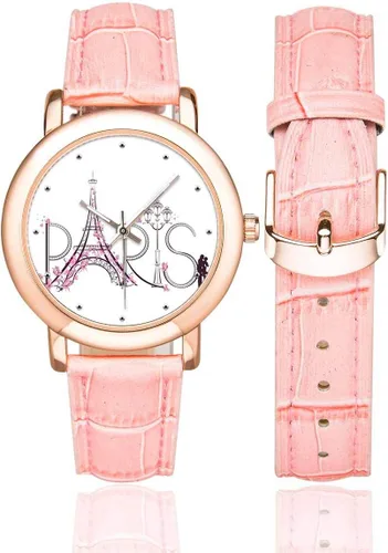 Vista 2 de InterestPrint New York City and Eiffel Tower - Reloj de pulsera para mujer, color rosa