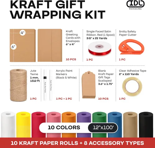 Vista 2 de Assorted Colors Kraft Wrapping Set of 10 Rolls 12"x100' + 8 Accessory Types USA-Made Natural Multi-Color Kraft Paper Kit for Holidays & Special