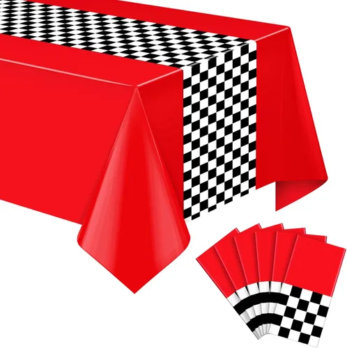 Vista 9 de Paquete de 3 manteles de plástico de auto de carreras, mantel desechable a cuadros rojos y negros, mantel rectangular a cuadros de búfalo