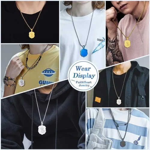 Vista 6 de FaithHeart - Collar de San Miguel, dije personalizado de protección del arcángel, para hombres y mujeres, acero inoxidablechapado en oro Medalla