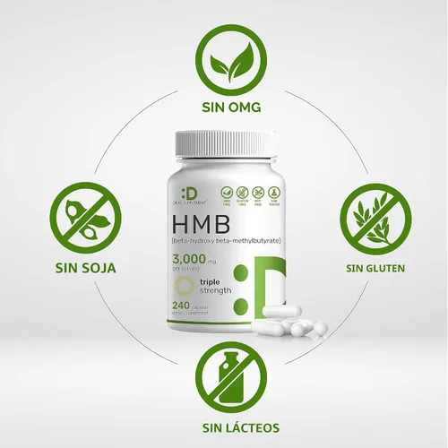 Vista 3 de Suplementos HMB ultra fuertes 3,000 mg por porción, 240 cápsulas Probado por terceros Apoya el crecimiento muscular, la retención y la masa