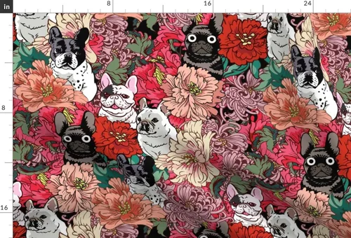 Vista 3 de Spoonflower Tela - Frenchie Florals Bulldog Francés Flores Rojas Rosadas Perros No Deportivos Impresos en Tela de Gasa Barrio Grasa - Costura Ropa