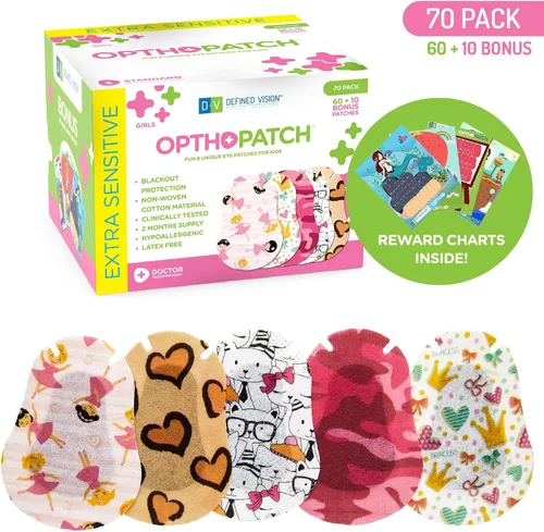 Vista 2 de Opthopatch Defined Vision - Parches para ojos para niños, diseño divertido para niñas [Serie I], 60 + 10 vendajes adhesivos de algodón