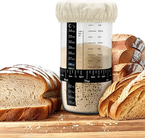 Vista 6 de Tarro básico de masa madre, kit de inicio de masa madre para hornear pan de masa madre con banda de alimentación marcada con fecha, termómetro