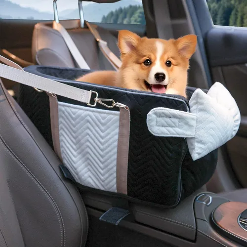 Vista 8 de Asiento de coche para perros pequeños, consola central portátil ajustable, asiento de auto para perro, asiento de auto extraíble para gatos, asiento