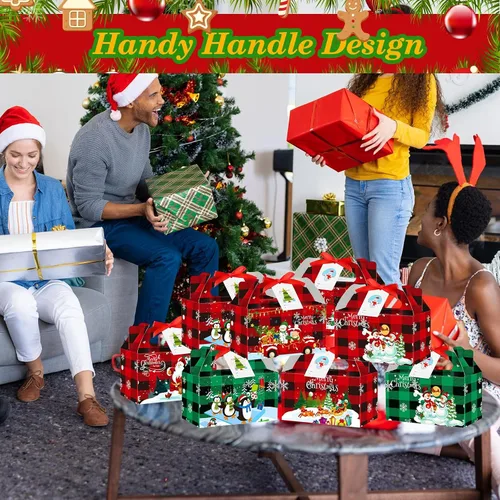 Vista 2 de Zhanmai Cajas de regalo de Navidad a cuadros, 100 piezas, incluye etiqueta de regalo y cinta, perfectas para regalos, fiestas (rojo y verde)