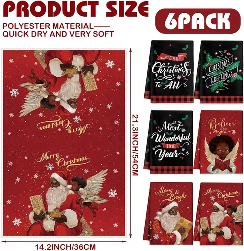 Vista 2 de Hosuly 6 Piezas Toallas de Cocina Navideñas Afroamericanas Paños de Platos de Santa Negro Toallas de Mano Navideñas Negras y Rojas Santa Ángel Acebo