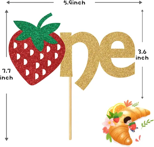 Vista 2 de Decoración de pastel de cumpleaños de fresa para el primer cumpleaños, decoración de pastel de cumpleaños con temática de frutas de un año