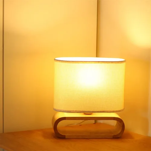 Vista 3 de Lámpara de escritorio LED con base de madera, lámpara de mesa, pantalla de tela, luces de mesa, lámpara de mesita de noche, luces de lectura