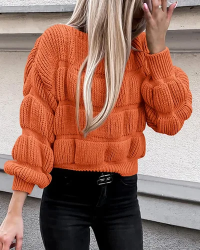 Vista 3 de PRETTYGARDEN Suéteres de otoño 2024 para mujer, estilo casual, cuello redondo, manga larga, holgados, lisos, de punto grueso, linda blusa