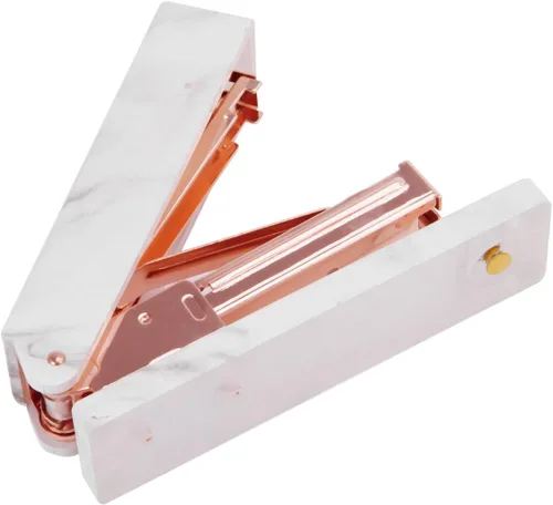 Vista 2 de Starsouce Grapadora de escritorio resistente de oro rosa, manual sin atascos, capacidad de 20 hojas, estilo moderno