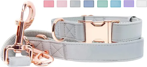 Vista 21 de Juego de collar y correa de cuero suave para perro (6.6 pies), elegante hebilla de metal resistente de oro rosa, correa de 4 longitudes ajustables
