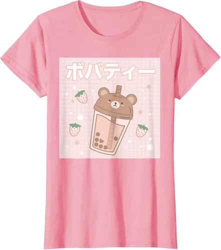Vista 14 de Camiseta estética Kawaii con diseño de oso lindo y té con leche burbuja, talla S Blanco