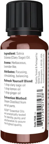 Vista 2 de NOW Aceites esenciales, aceite de salvia clara, aroma enfocado de aromaterapia, destilado al vapor, 100% puro, vegano, tapa resistente a los niños