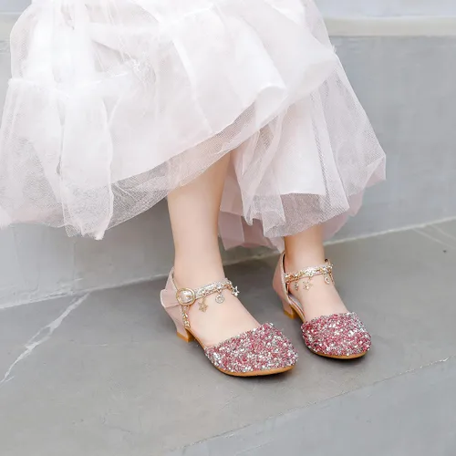 Vista 2 de Furdeour Girls Sandals Glittler Bow Dress Shoes Princess Crystal High Heels Party Wedding Flower Girls Shoes for Kid Toddler