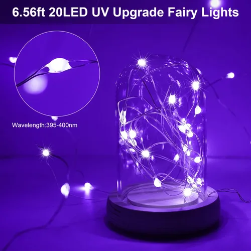 Vista 2 de OMIKA Paquete de 3 tiras de luces de batería de luz negra UV para interiores, 6.56 pies, 20 luces LED de alambre de cobre púrpura UV para Halloween