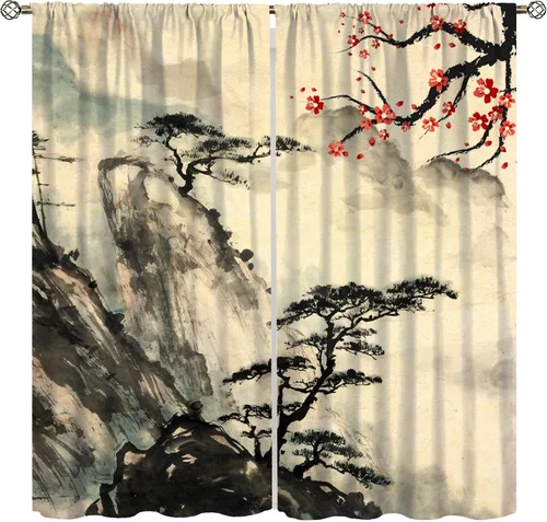 Vista 10 de Cortina asiática, flor de cerezo japonés, montañas brumosas de ciruelo rojo asiático, pintura de tinta tradicional, paisaje chino oriental