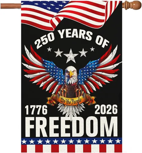 Vista 14 de Banderas de jardín con el 250 aniversario de Estados Unidos para exteriores, bandera de Estados Unidos del 250 aniversario 1776-2026, letrero