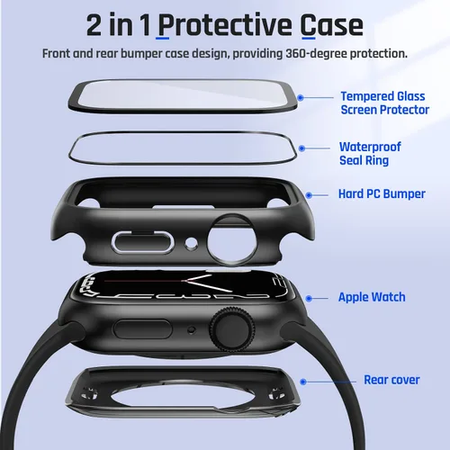 Vista 8 de Goton Funda impermeable 2 en 1 para Apple Watch, protector de pantalla para series 6/5/4, SE 3/2/1 de 40mm, cubierta frontal de vidrio protectora