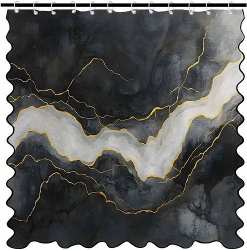 Vista 14 de Scalloped Shower Curtain for Bathroom 36"x72" Modern Minimalism Black Marble White Texture Waterproof Wave Bathroom Shower Curtain Sets with Hooks