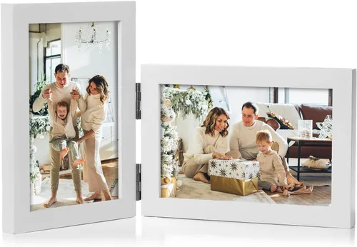 Vista 19 de Marco de fotos doble de 4 x 6 pulgadas con bisagras horizontales, marco de fotos plegable en madera de pino negro con vidrio real para mesa