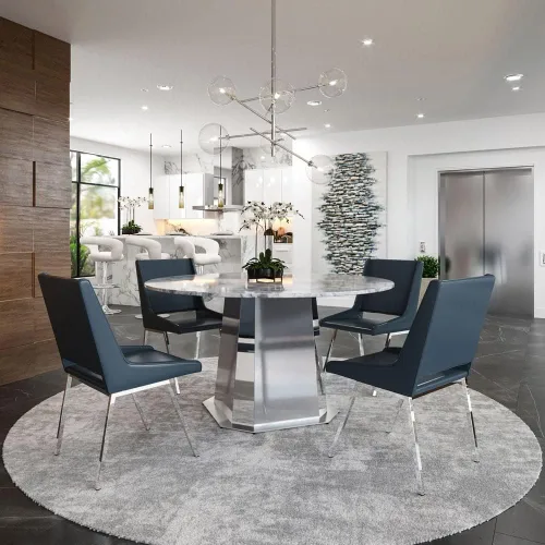 Vista 3 de ZURI Silla de comedor moderna Fiore en cuero sintético azul medianoche y cromo