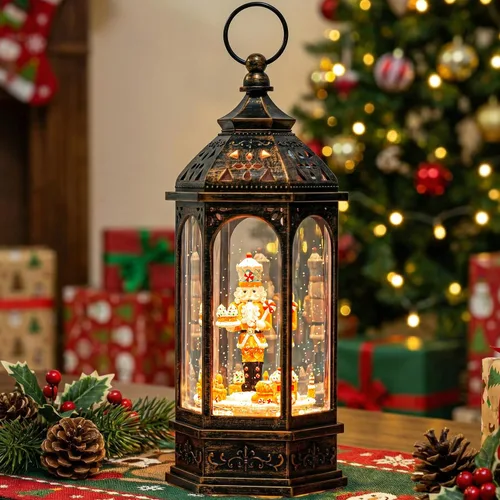 Vista 14 de Gnomos de Navidad de 10 pulgadas, linterna de globo de nieve iluminada, caprichoso árbol de Navidad y elfo escandinavo, linterna de agua musical