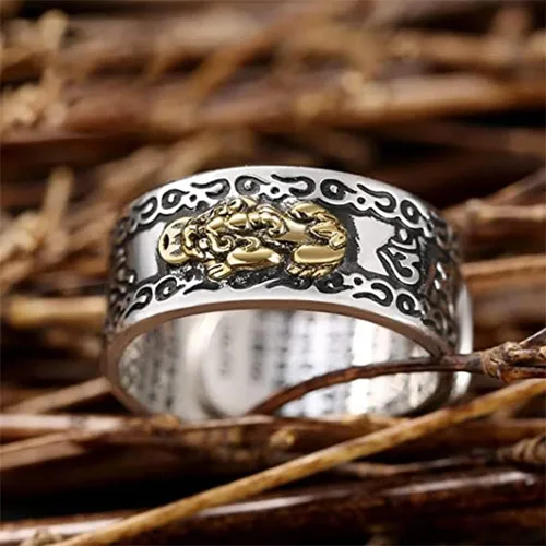 Vista 5 de Anillo de Feng Shui, anillo Pixiu, 4/8 piezas de Feng Shui Pixiu Mantra Original, anillo budista ajustable, sutra Feng Shui para hombres y mujeres