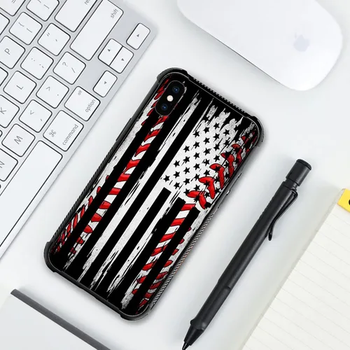 Vista 5 de Funda compatible con iPhone X/XS, diseño de bandera estadounidense de béisbol, TPU suave, a prueba de golpes, de vidrio templado, para iPhone X/XS