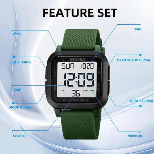 Vista 5 de SKMEI Reloj deportivo digital para hombre, ultrafino, grande, impermeable, con cronómetro, temporizador de cuenta regresiva, función de alarma, luz