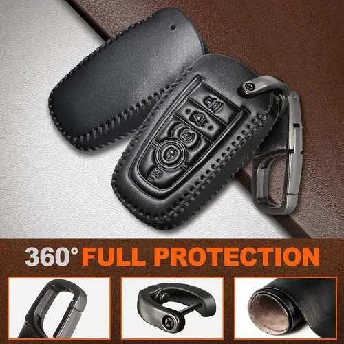 Vista 4 de Slohif Funda de cuero para llavero Ford para Edge Escape Expedition Explorer Fusion Mustang Ranger F-150 F-250 5 botones, funda de cuero+anillo en D