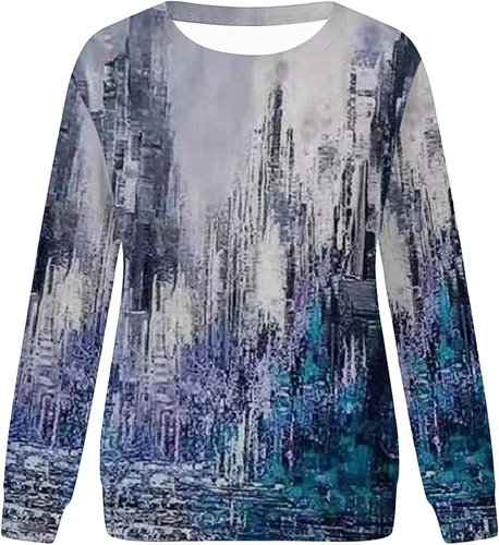 Vista 4 de JUSLIO Camisetas básicas de otoño para mujer, con estampado de rayas, túnica con cuello redondo, manga larga, sudaderas de otoño 2023