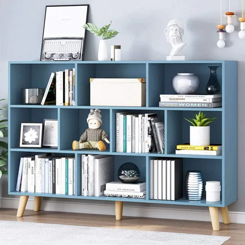 Vista 31 de IOTXY - Estantería de madera con espacios abiertos, 3 niveles, con patas, 5 cubos, color azul brillante Nordic Minimalist Style, MDF