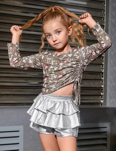 Vista 3 de Pantalones cortos metálicos plisados para niñas, con volantes brillantes, para patinadora, danza, cintura elástica, pantalones con gafas de sol
