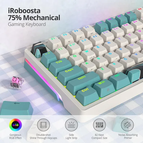 Vista 3 de Teclado mecánico para juegos 75% marrón, compacto de 82 teclas intercambiable en caliente con perilla, perfil OEM retroiluminado RGB, teclado USB-C