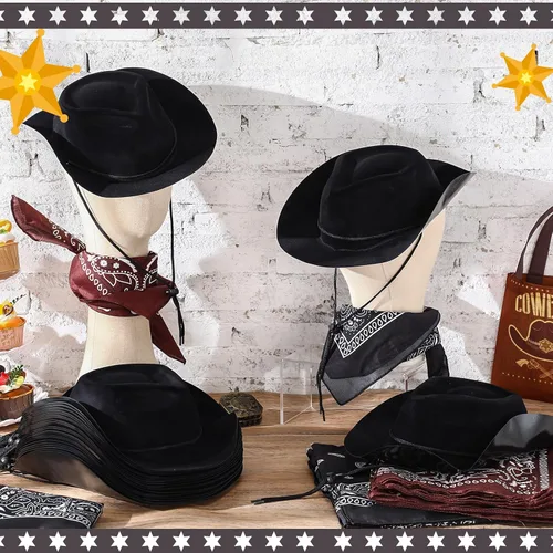Vista 4 de Hillban Paquete de 48 Sombreros de Vaquero y Conjunto de Bandanas, Sombreros de Vaquera para Niños y Niñas, Sombreros de Fiesta de Vaquero