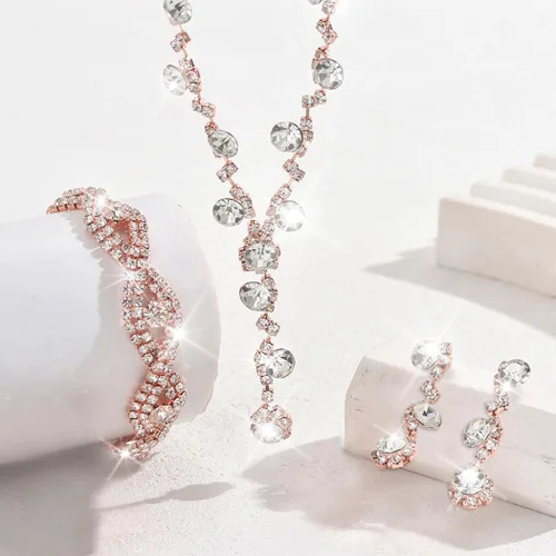Vista 8 de Unicra - Juego de joyas de boda para novia con diamantes de imitación, collar para novia, pulsera, aretes, joyería de graduación para mujer y novias