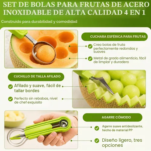 Vista 4 de Juego de palas de melón Suuker, 4 en 1 cortadores de frutas con formas, cuchara de sandía, cuchara de frutas y pelador de bolas, herramientas