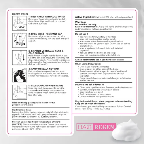 Vista 4 de Hair Regen Minoxidil Foam para mujeres 5% - Tratamiento de crecimiento del cabello para mujer - Minoxidil espumoso tópico para mujeres - Ideal