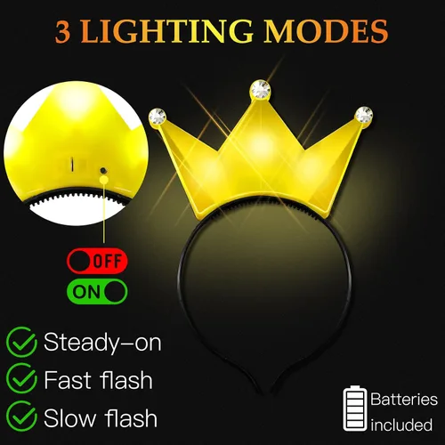 Vista 2 de 2 piezas de corona de princesa con luz LED de Halloween, diadema intermitente para fiesta de disfraces de Halloween (amarillo)